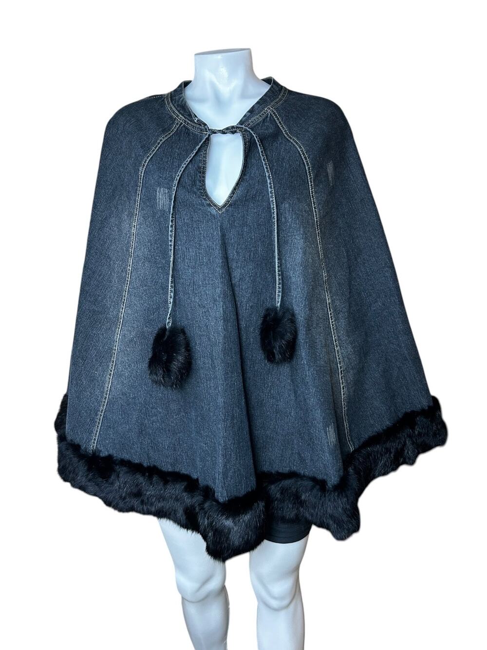 Ashley Stewart One Size Black Denim Faux Fur Trim Poncho Cape NWT